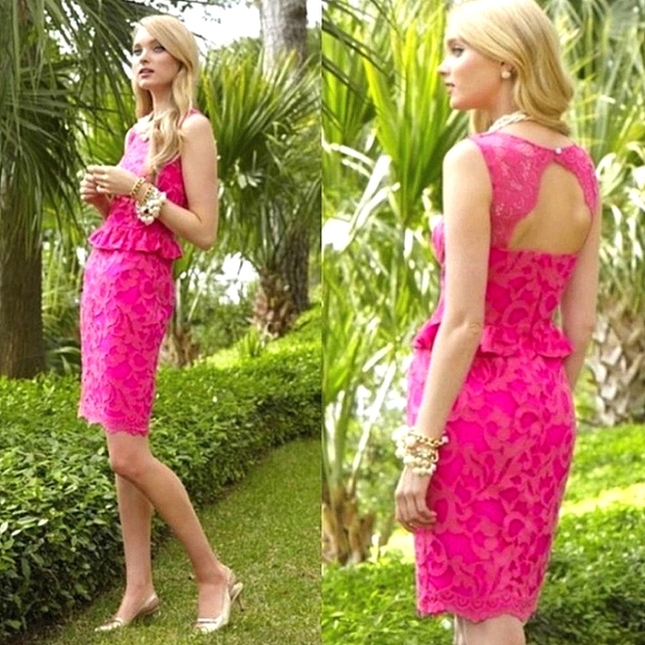 Lilly Pulitzer Dresses & Skirts - Lilly Pulitzer Hot Pink Lace Peplum Dress XS Summer Cocktail Party